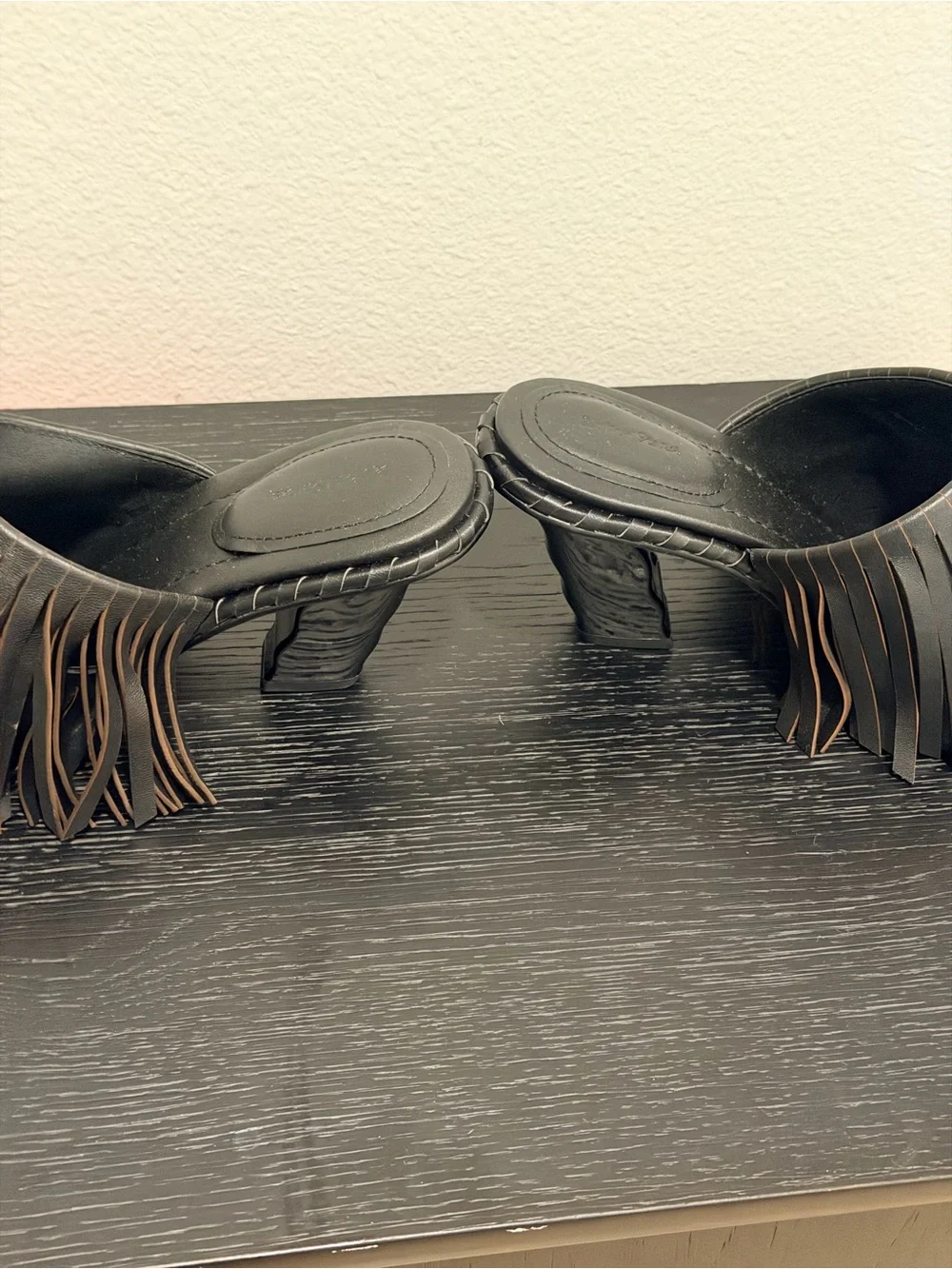 & Other Stories Black Leather Fringe Mule Heels Women's Size 8